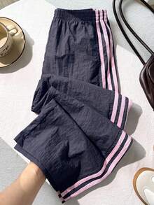 SHEIN 青少年女孩棕色側條紋鬆緊腰休閒寬鬆運動長褲 - 藍色 - 查看 3