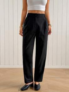SHEIN EZwear 高腰直筒黑色長褲 - 黑色 - 查看 7