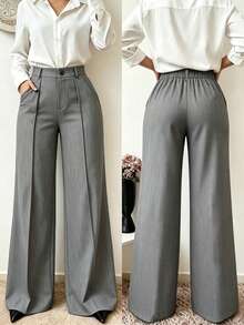 Elenzga Premium Light Gray Mid-Waist Front-Center Pleated Loose Wide-Leg Slimming Commuter Long Straight Suit Pants For Women - Grey - View 2