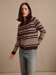lacRébo Blue And Chocolate Brown Stripe Cardigan With Collar, Shell Buttons Details - Multicolor - View 4