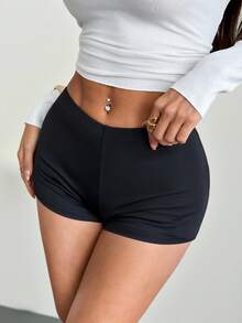 SHEIN PETITE Low Rise Micro Mini Shorts Ibiza Fits Summer Boho, Summer, Holiday, Beachwear Festival Rave Going Out Fall Winter Party ,Petite Women - Black - View 3