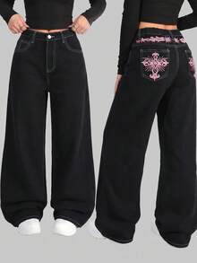 SHEIN Girlism 青少年女孩粉色刺繡圖案黑色牛仔寬鬆長褲 - 黑色 - 查看 1