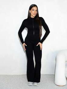 Maju Mazalli Women's Seamless Yoga Sports Zip-Up Crop Top And High Waist Sports Leggings Set Black 2 Piece Set Flared Leggings Set - Black - View 2