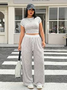 Muchica Plus Size Women Leopard Print Short Sleeve T-Shirt And Wide Leg Pants Casual 2-Piece Set Holiday Semi Formal White Summer - Multicolor - View 1