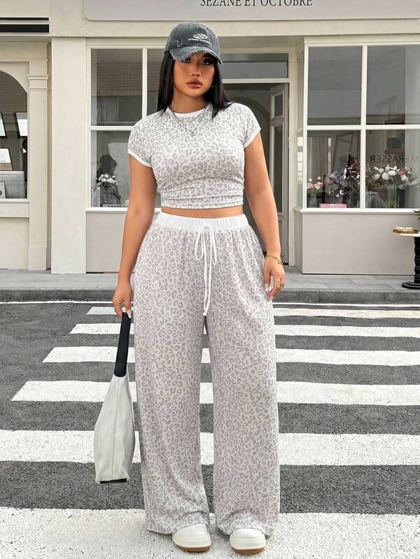 Muchica Plus Size Women Leopard Print Short Sleeve T-Shirt And Wide Leg Pants Casual 2-Piece Set Holiday Semi Formal White Summer