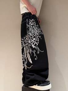 STEELVANCE 男士街頭風復古時尚百搭刺繡設計寬鬆直筒寬腿休閒牛仔褲（不含腰帶與配件） - 黑色 - 查看 5