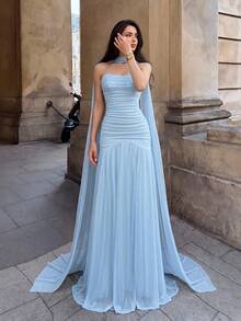 Firerie Elegant Glossy Tulle High Waist Ruched Mermaid Hem Backless Adjustable Tie Dress,Formal Party Dress For Wedding Guest Fall - Baby Blue - View 7