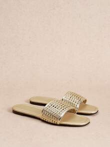 Rosivie Women's Gold Square Toe Woven Decoration Commuter Workplace Versatile Flat Sandals Comfortable And Casual One Pedal - Golden PU - View 3