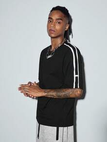 Men's Casual Side Stripe Loose T-Shirt, American Street Style Round Neck Short Sleeve, Versatile For Summer - Black - View 5
