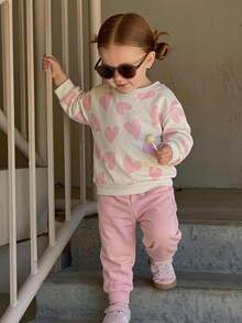 THE HAPPY LOOK 2pcs/Set Young Girl Heart Pattern Knit Soft Crew Neck Long Sleeve Pullover Sweatshirt And Elastic Waist Jogger Pants - Pink - View 1