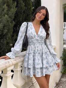 KARISMINA Women's Vacation Woven Printed V-Neck Long Sleeve Mini Dress - White - View 11