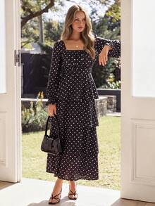 KARISMINA Women's Polka Dot Square Neck Multi-Layer Ruffle Hem Elegant Long Dress,Polka Dot Tiered Maxi Dress, Tiered / Layered,Vacation,Wedding Guest - Black - View 3