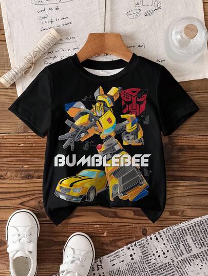 Transformers X SHEIN Young Boy Letter Robot Print Crew Neck Short Sleeve Casual T-Shirt