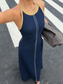 DAZY 女款拼接蕾絲飾邊修身A字版型掛脖露背優雅度假夏季牛仔長洋裝 - 藍色 - 查看 6