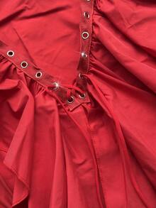 NU&NOW Vintage Burgundy Ruffle V-Neck Tie Petal Sleeve Shirt Dress Fall - Multicolor - View 6
