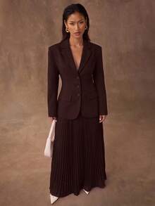 SHEIN BAE Women's Solid Color Lapel Neck Long Sleeve Jacket And Skirt Elegant 2 Pieces Set - Coffee Brown - View 4