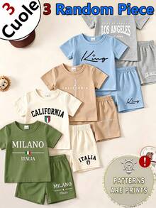 3 Random Piece From 5 Designs Tops, Minimalist  Elegant Handsome Outfit Set, Summer Outing Choice, Minimalist Letter Print Pattern Brown T-Shirt - White - View 1