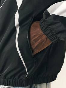 SUMWON Hooded Windbreaker Jacket With Full Zip Closure White Contrast Paneling Elastic Hem And Cuffs Logo Patch Detail - Black - View 4