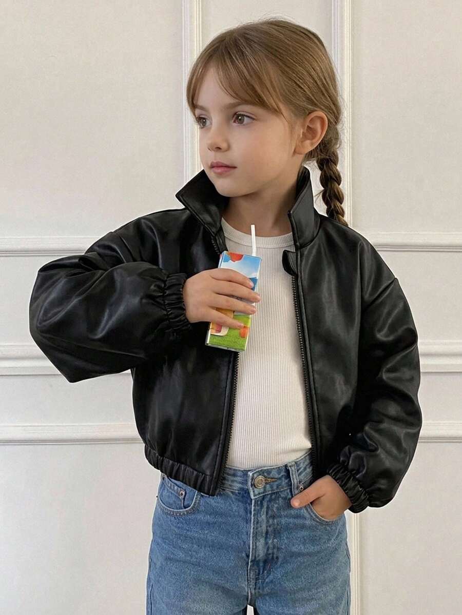 Hapijoa Casual PU Leather Long Sleeve Collared Jacket Top For Young Girl) - Black - View 1