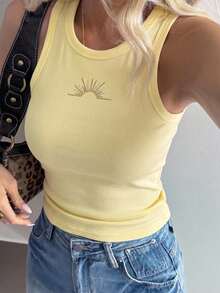 Livesso Women's Brown And Yellow Solid Color Fitted Elastic Ribbed Crew Neck Sleeveless Tank Top Everyday Night Out Summer Casual - Yellow - View 2