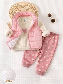 SHEIN Baby Girl 3pcs Set: Knitted Soft Round Neck Long Sleeve Pullover Sweatshirt With Heart Pattern, Elastic Waist Long Pants, And Woven Solid Color Stand Collar Sleeveless Vest - Multicolor - View 5