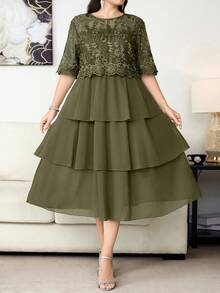 Reflora Vestido elegante de verano con patchwork de encaje para tallas grandes - Verde - Ver 1