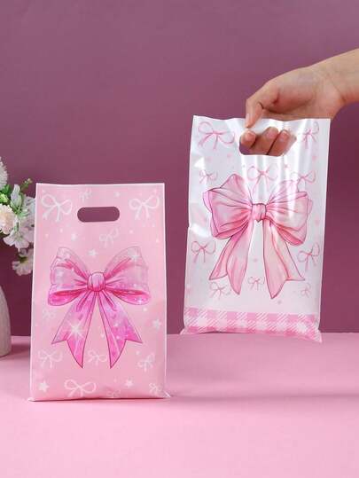 10/25/50pcs Pink Bow Mixed Color Birthday Gift Bags, Elegant Pink Bow Mixed Pattern Happy Birthday Plastic Gift Packaging Bags, Birthday Party Decor Bags, Holiday Celebration Party Tote Bags Gift Packaging Supplies, Birthday Celebration Gift
