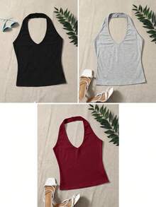 SHEIN EZwear 大尺碼女款純色修身百搭日常穿搭掛脖上衣 外出度假用 夏季性感款 黑色 紅色 銀色 - 紅色 - 查看 3