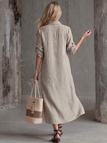Faunlyn Women's Mid-Length Single-Breasted Short Sleeve Shirt Dress - Khaki - View 3