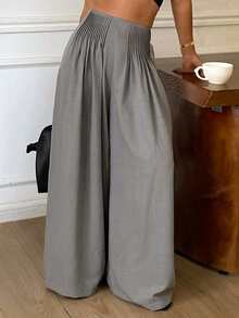 DAZY High Waist Grey Solid Color Stitching Design Loose Straight Leg Wide Leg Casual Women's Long Pants Fall - Grey - View 5