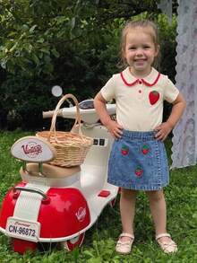 THE HAPPY LOOK Young Girl' Strawberry Pattern Peter Pan Collar Short Sleeve Top And Skirt Set - Apricot - View 1