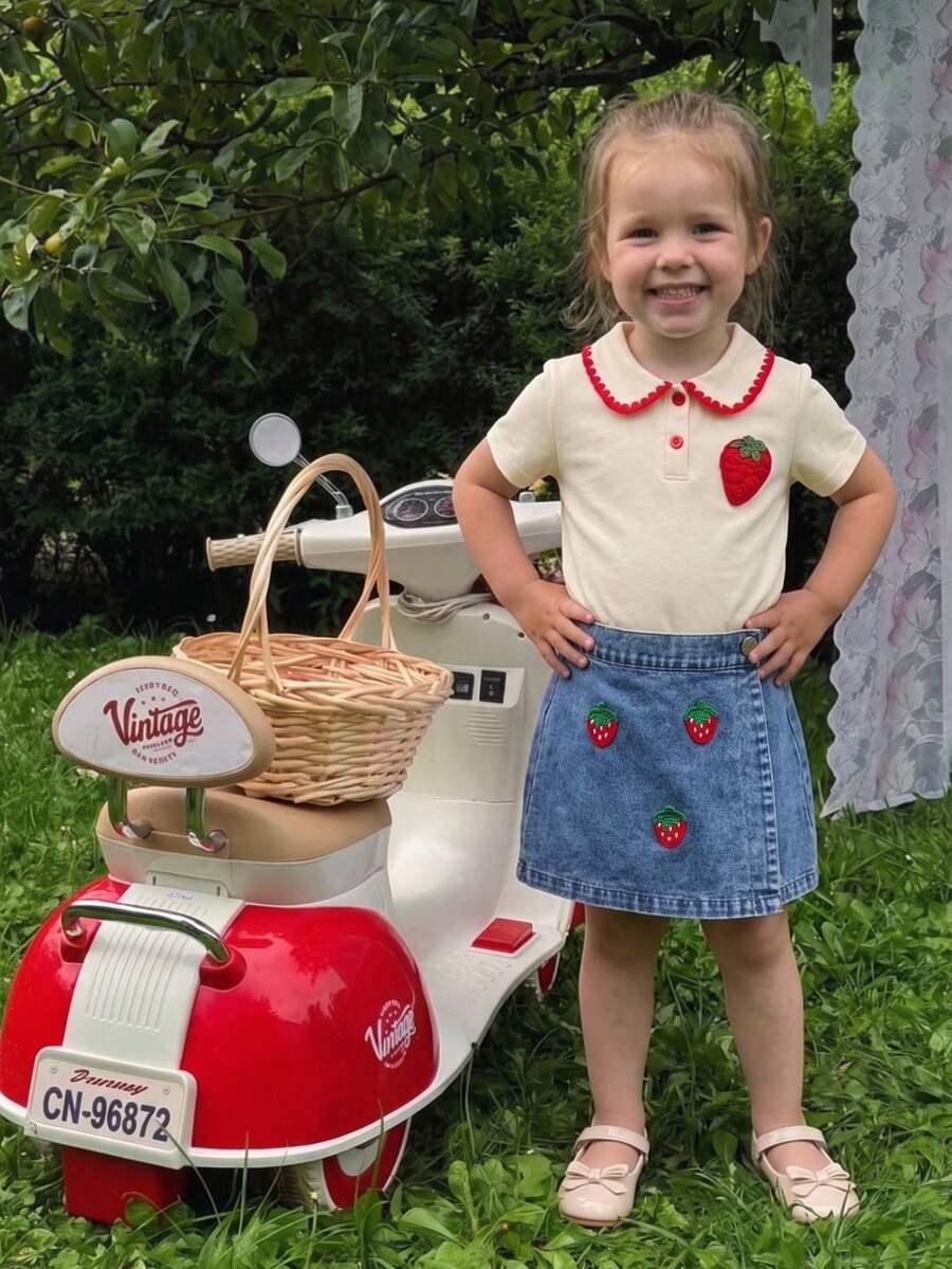 THE HAPPY LOOK Young Girl' Strawberry Pattern Peter Pan Collar Short Sleeve Top And Skirt Set - Apricot - View 1