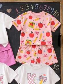 1Random Set, Young Girls Soft Fabric Round Neck Short Sleeve T-Shirt Set, With Cute Cartoon Pencil Pattern, Suitable For Back To School Season - Multicolor - View 4