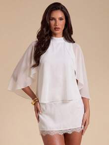 Bluhae Setelan Atasan Jubah Chiffon Wanita & Rok Mini Berenda, 2 Potongan Pakaian Leher Tinggi dengan Punggung Terbuka - Putih - View 4