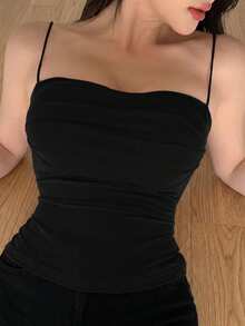 DAZY Self-Padded Ruched Design Fitted Camisole Tank Top Crop Women Tops - Black - View 4