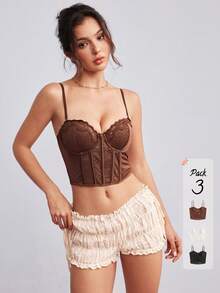 Elorette 3pcs Bra Wanita Elegan Warna Polos dengan Motif Renda dan Tambal Sulam - MultiWarna - View 5