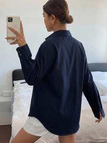 Livesso 女款素色休閒百搭春夏寬鬆長袖翻領口袋襯衫 - 藏蓝色 - 查看 2