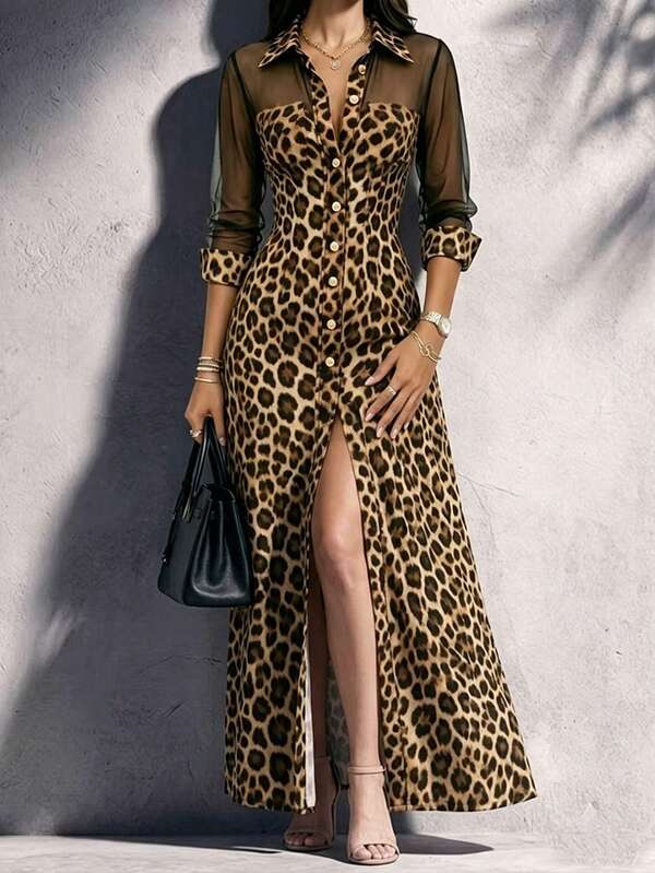 SHEIN Raffinéa Women's Casual Fashion Commute Elegant Patchwork Chiffon Leopard Print Dress