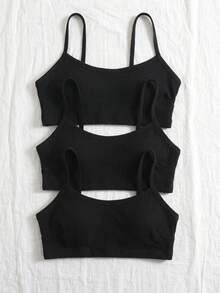SHEIN Conjunto de 3 piezas de sujetador sin aros de color liso casual acanalado para mujer - Negro - Ver 3