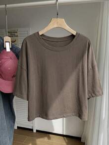 Comfortcana Solid Color Drop Shoulder Short Casual Plus Size T-Shirt - Brown - View 3