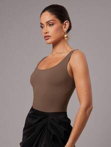 Silquee Chocolate Color Bodysuit, Basic Bodysuit - Brown - View 7