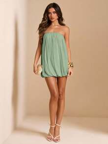 SHEIN BAE Spring/Summer Solid Apricot Strapless Mesh Puff Mini Dress, Elegant Sexy Ruched Mini Dress - Mint Green - View 5
