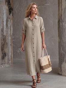 Faunlyn Women's Mid-Length Single-Breasted Short Sleeve Shirt Dress - Khaki - View 8