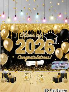 1件 2026畢業橫幅背景布，適用室內外牆面裝飾，高中大學畢業派對居家裝飾 - 黑金-02 - 查看 1