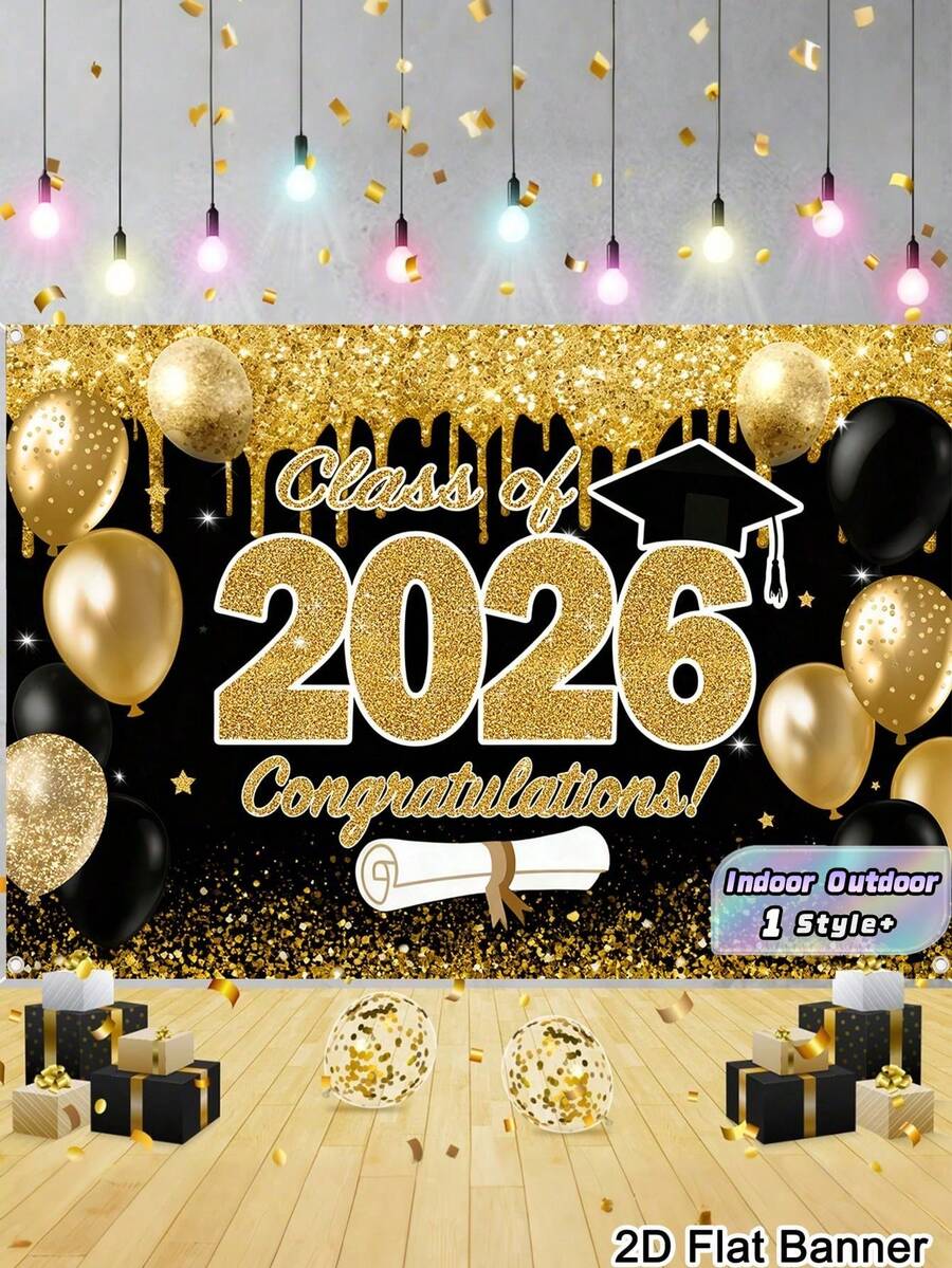 1件 2026畢業橫幅背景布,適用室內外牆面裝飾,高中大學畢業派對居家裝飾 - 黑金-02 - 查看 1