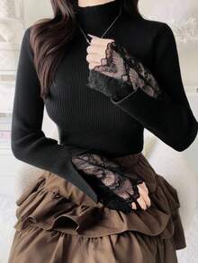 FRIFUL Women's Early Autumn New Korean Style Split Bell Sleeve Contrast Lace Sweater Cute Tops Vacation - Black - View 6