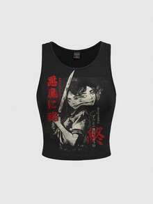 ROMWE Anime Women's Casual Versatile Daily Wear Top With Character Print - Black - View 1