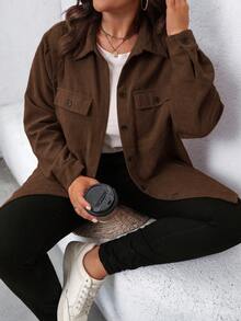 SHEIN LUNE 大尺碼女款素色單排扣休閒日常長袖夾克 - 棕色 - 查看 5