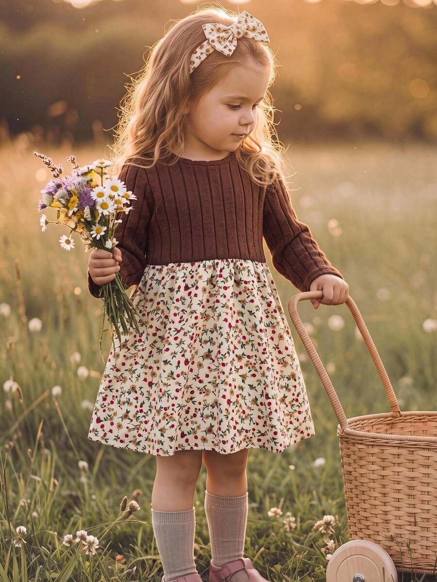 SHEIN Baby Girl Knit Solid Color Round Neck Patchwork Woven Floral Hem Casual Dress - Multicolor - View 1