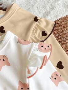 SHEIN Vintaside Kids 4件組女嬰秋季套裝 可愛圖案小貓與愛心印花 淡粉色長袖荷葉邊上衣搭配長褲 親子款休閒穿搭 - 彩色 - 查看 4